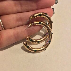 Green Gem Encrusted Elegant Gold Hoop Earrings